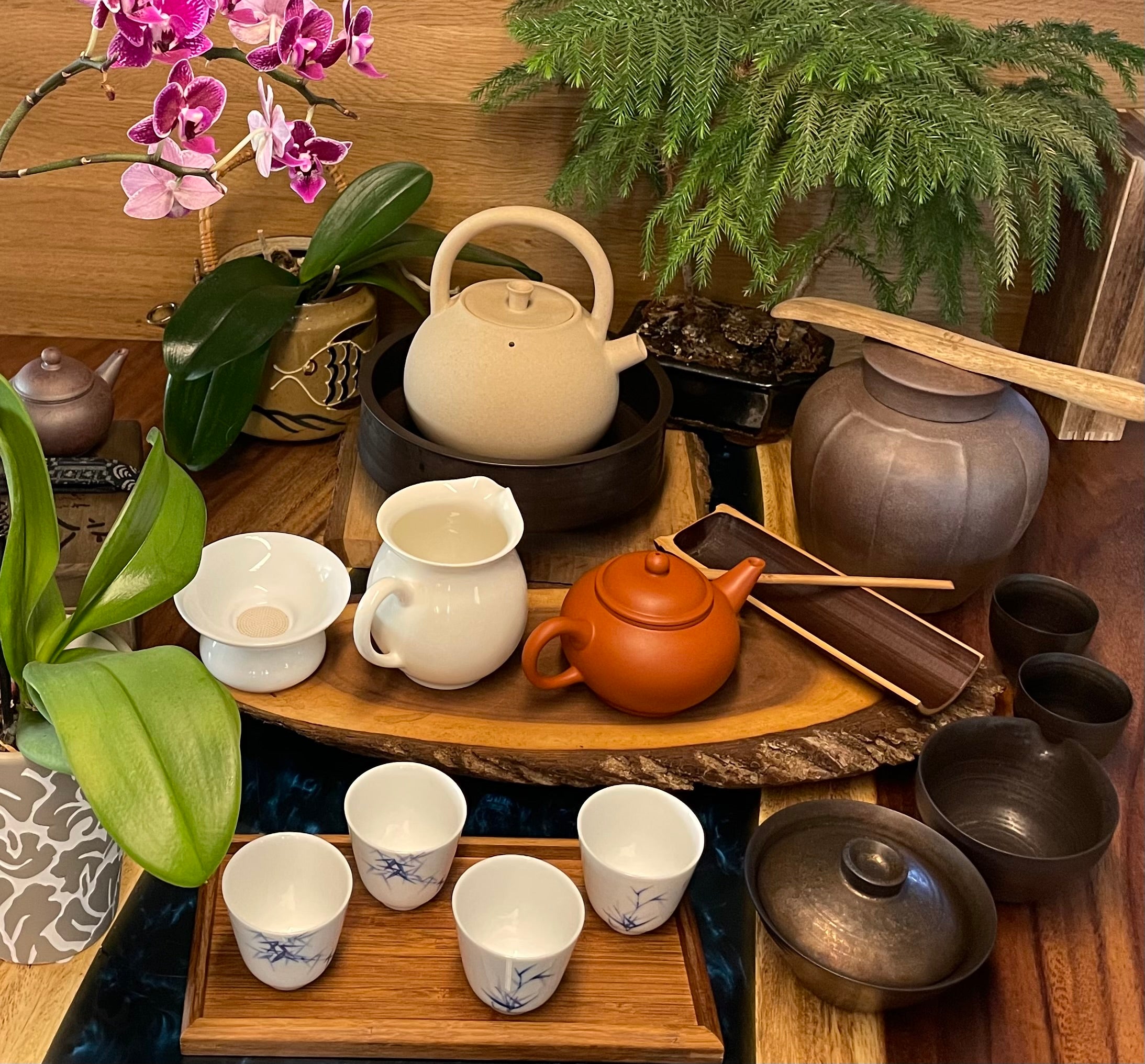 Japanese Dark Green Ceramic Tea Set Bamboo Tea Tray Chinese