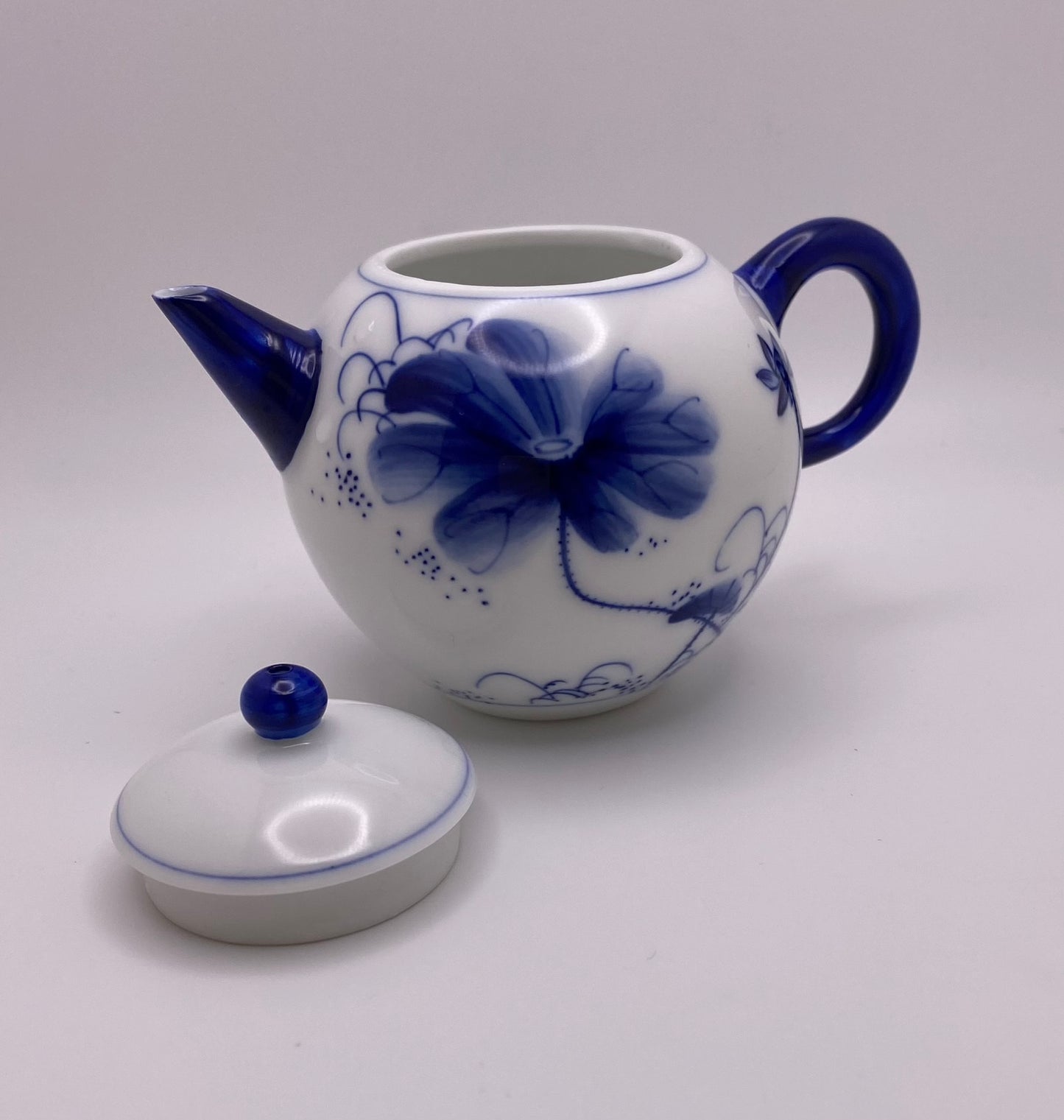 Blue Lotus Hand Painted Porcelain Tea Set (tea pot, 3/5 cups, pitcher)