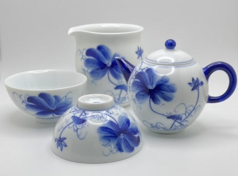 Blue Lotus Hand Painted Porcelain Tea Set (tea pot, 3/5 cups, pitcher)