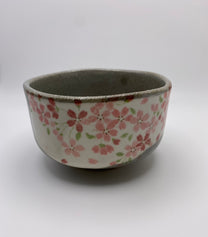 Hand Painted Cherry Blossom on Grey & White Glaze Handmade Chawan Matcha Bowl (Small)