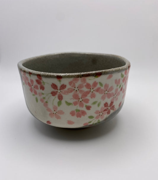 Hand Painted Cherry Blossom on Grey & White Glaze Handmade Chawan Matcha Bowl (Small) 