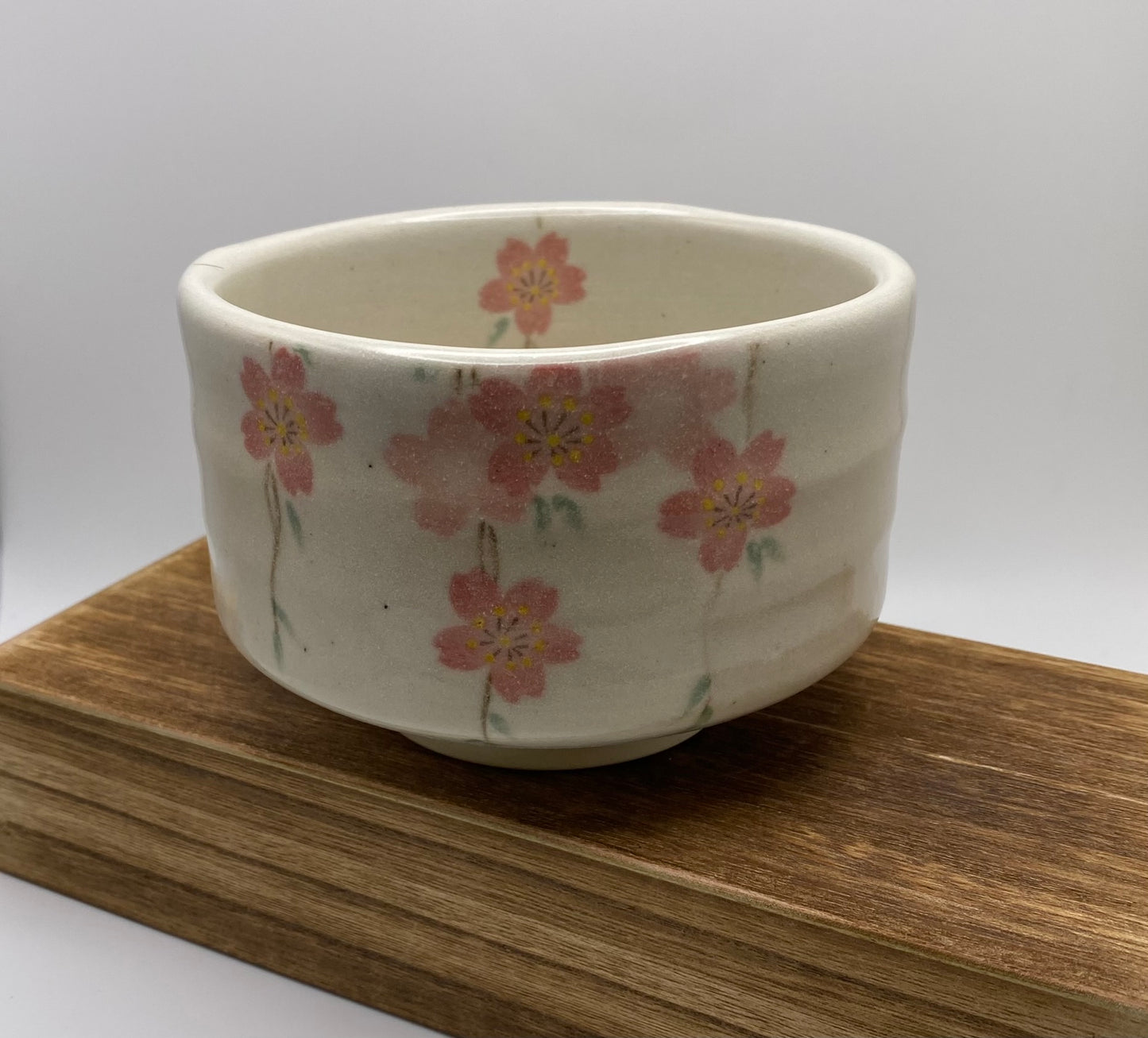 Sakura Hand Painted Cherry Blossom on White Clay Handmade Chawan Matcha Bowl (Large)