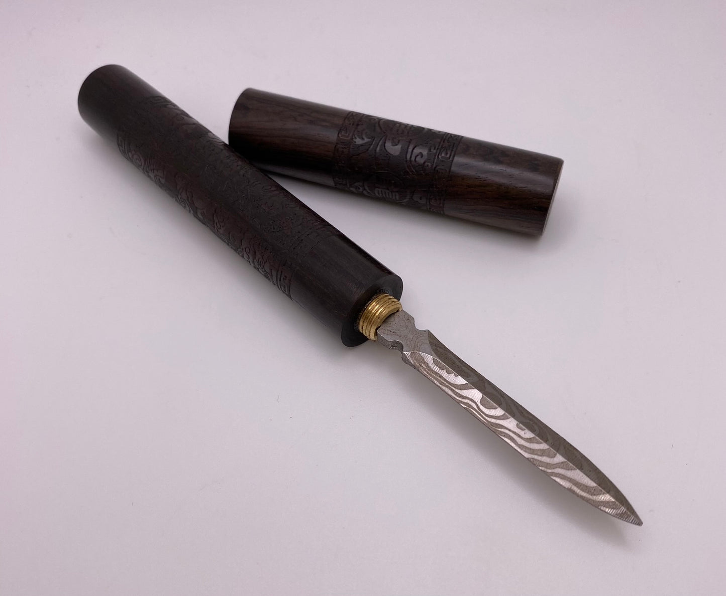 Carved Wood Pu'er Tea Knife with Damascus-style Blade